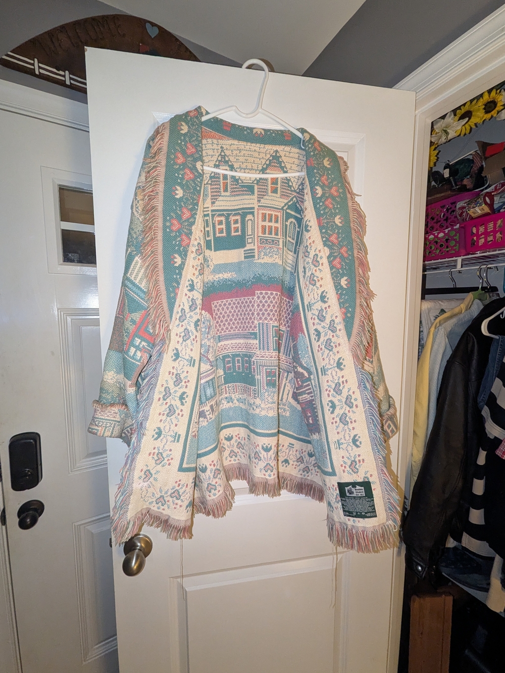 Bohemian Woven Fringe Cardigan Jacket - Teal & Cream